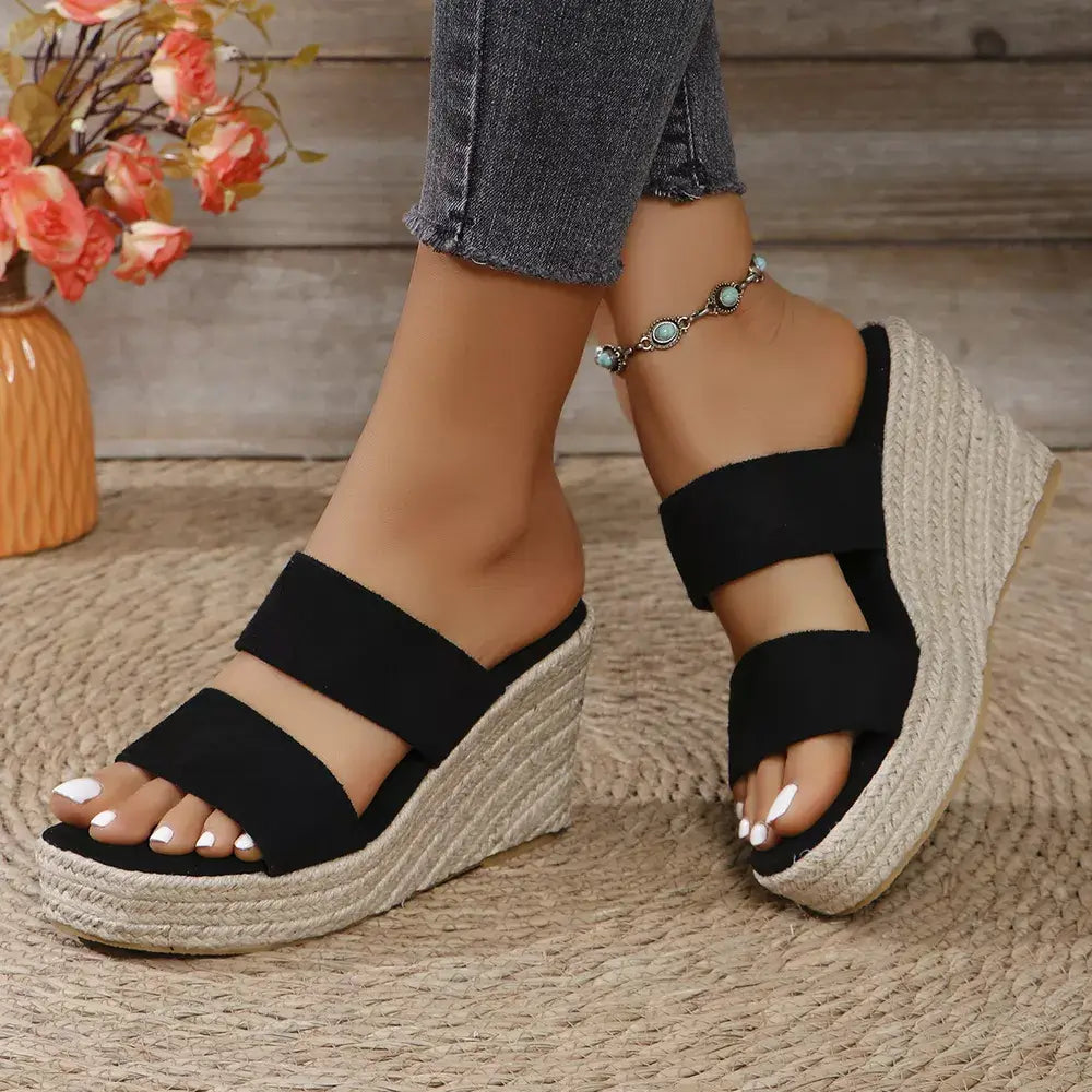 Open Toe Platform Wedge Sandals in stylish black with woven wedge heel, perfect for summer fashion.