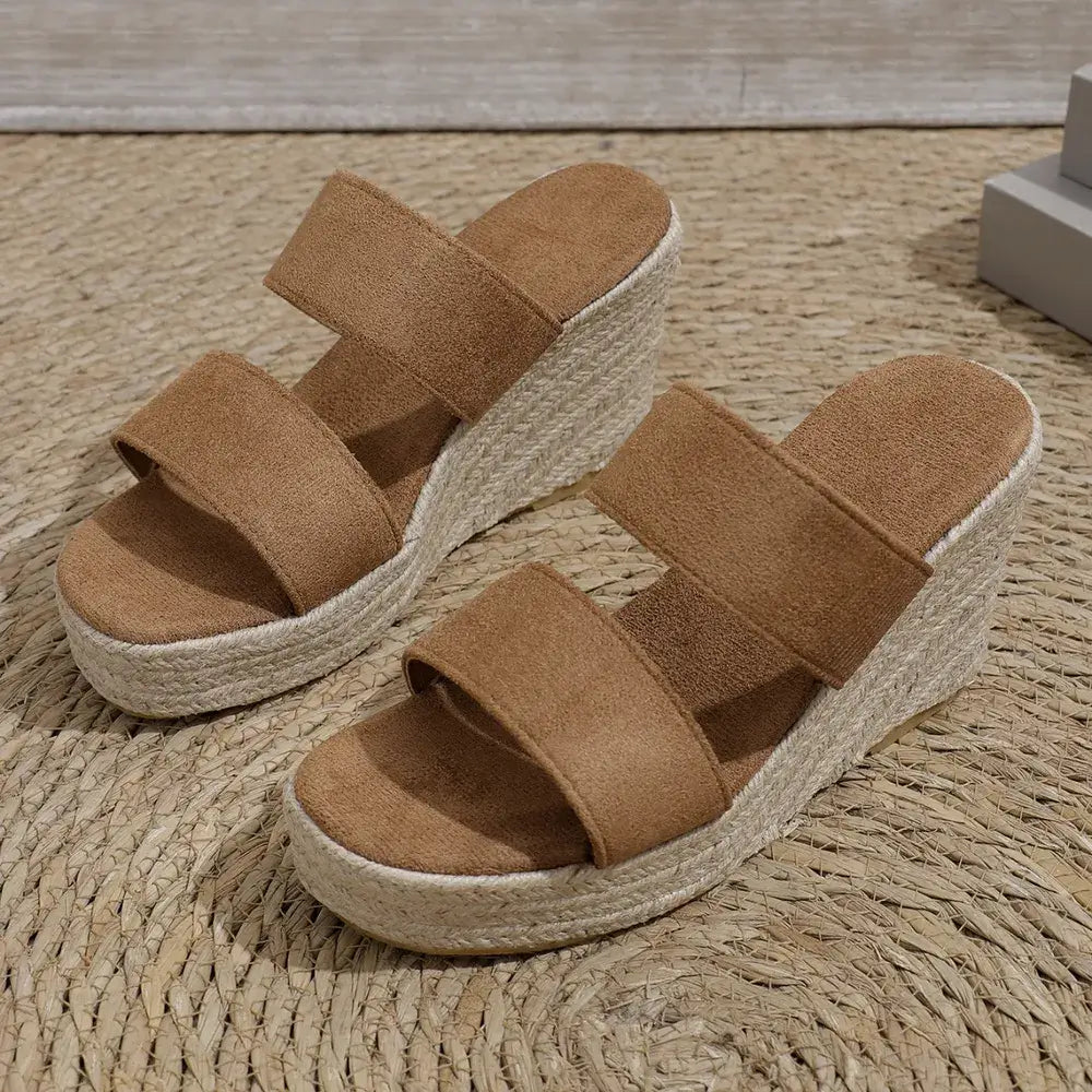 Open Toe Platform Wedge Sandals in brown suede on woven surface, showcasing stylish and breathable design for summer.